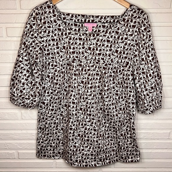 Lilly Pulitzer Brown and White Cotton Puffed Sleeve Elephant Top, Women Size 8 - Picture 1 of 7